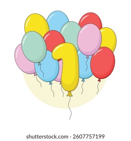 Set of colourful balloons with number. One year old birthday party vector illustration.