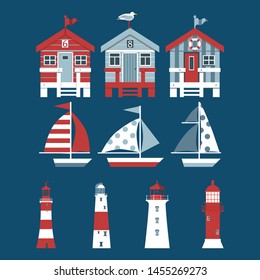 Set of colourful beach huts, boats and lighthouses on blue background. Vector illustration.