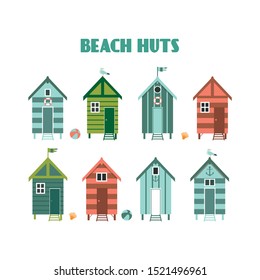 Set of colourful beach huts with seagull, flags. Vector illustration. 