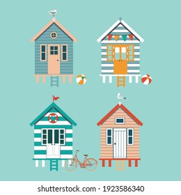 Set of colourful beach huts, seagull and bike. Vector illustration. 