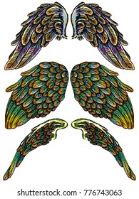 Set of colourful bird wings of different shape in open position isolated on white background. Colorful angel wings hand drawing sketch. Hipster tattoo or vintage body art concept. Vector.