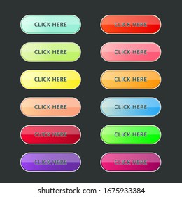 Juego de botones coloridos para el sitio web o juego ui. Diseño de botones vectoriales planos sobre fondo negro.