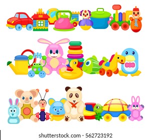 Set of colourful children toys on white background. Vector illustration of rubber, plastic and soft playthings such as teddy bear, transport, various animals and water creatures and educational toys.