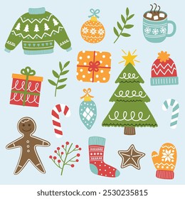 Set with colourful Christmas elements. Christmas tree, ball, present, sock, cookie, cup, hat, sweater, gloves. Vector illustration