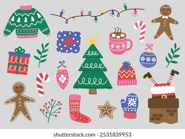 Set with colourful Christmas elements. Christmas tree, ball, present, sock, cookie, cup, hat, sweater, gloves. Vector illustration