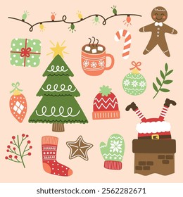 Set with colourful Christmas elements. Christmas tree, ball, present, sock, cookie, cup, hat, sweater, gloves. Vector illustration