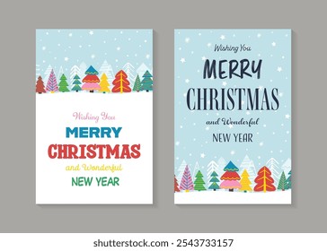 Set with Colourful Christmas greeting cards with hand drawn trees. Vector illustration