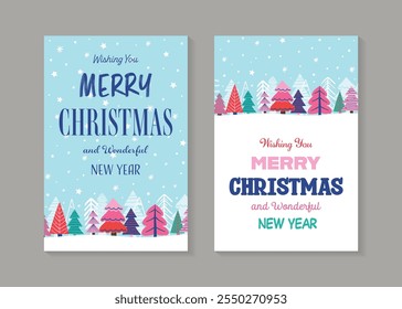 Set with Colourful Christmas greeting cards with hand drawn trees. Vector illustration