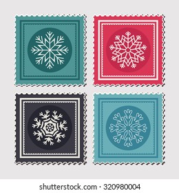 Set of colourful  Christmas postage stamps with snowflakes. Vector illustration