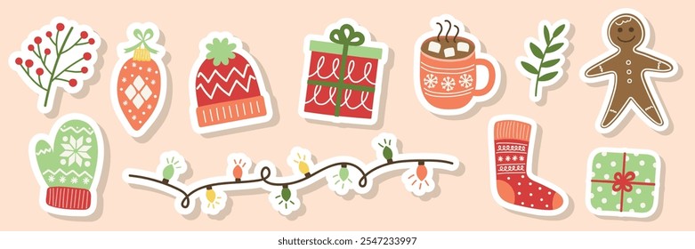 Conjunto com adesivos coloridos de Natal. Árvore de Natal, bola, presente, meia, biscoito, copo, chapéu, suéter, luvas. Ilustração vetorial