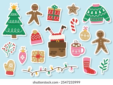Set with colourful Christmas stickers. Christmas tree, ball, present, sock, cookie, cup, hat, sweater, gloves. Vector illustration