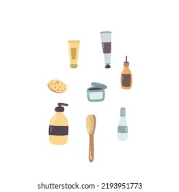 Set of colourful cosmetic bottles and brush