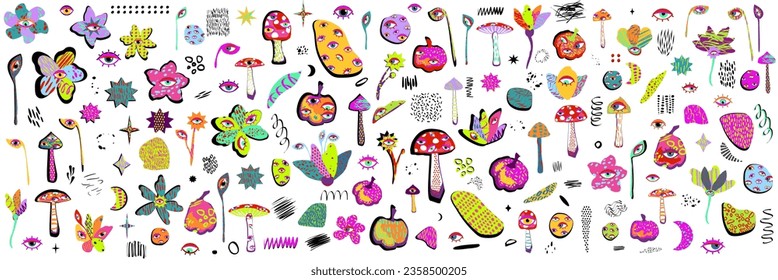 Set of colourful creepy graphic elements, flowers, pumpkins, mushrooms with eyes in doodle style
