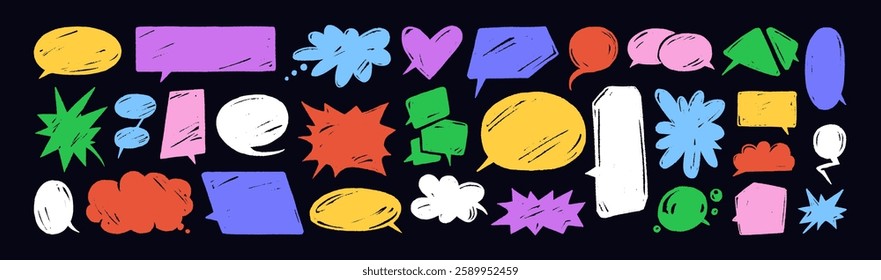 Set of colourful doodle speech bubbles. Collection of different talk clouds, box for text, messages with funny shapes, forms. Chat, communication, conversation. Flat isolated vector illustrations