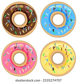 Conjunto de rosquinhas coloridas com polvilheiras e glacê, isolado em um fundo transparente