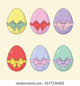 Set of Colourful Easter eggs with Bows Vector Illustration.