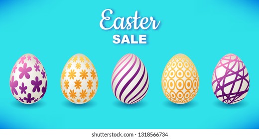 Set of colourful easter eggs isolated on blue background for your design.
