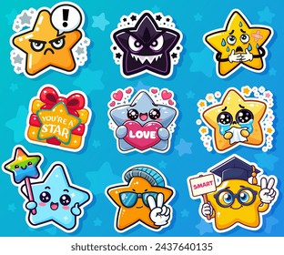 Set of colourful emoticon stickers with various facial expression. Collection of angry, frowning, sweaty, lovely, crying, cute and smart character. Isolated on blue background. Vector illustration