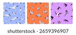 Set of colourful endless backgrounds with flying flocks of swallows, pigeons, seagulls. Repeatable patterns of birds fly in air. Flight of doves, gulls and martins. Flat seamless vector illustration