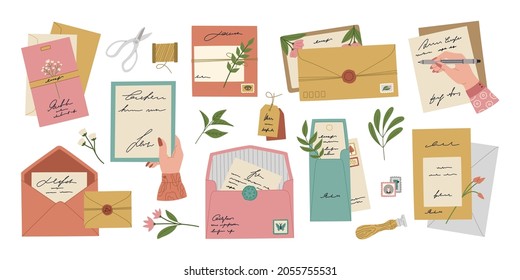 Set of colourful envelopes with seals and stamps, romantic postcards and letters. Various stationery and flowers. Hand drawn vector illustration in flat cartoon style, isolated on white background