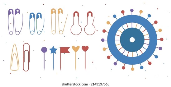 Set of colourful fashion icons: paper clips, different pins (circle, heart, star, flag), round set of pins. Vector flat illustration. Isolated on white background with colorful dots.