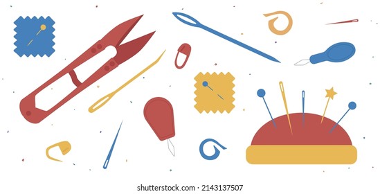 Set of colourful fashion icons: scissors, different pins, various needles, neddle bad, tissue, markers for yarn, threader. Vector flat illustration. Isolated on white background with colorful dots.