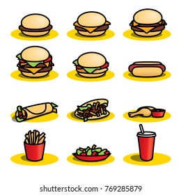 A set of colourful fast food icons on a white background. This is a scalable and editable vector drawing.
