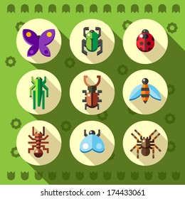 A set of colourful flat insect bug icons, including ladybird 