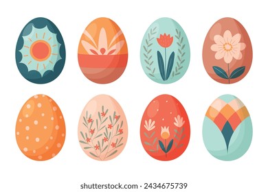 Set of Colourful Floral Decorated Easter Eggs isolated on white background. Flat style. Vector illustration