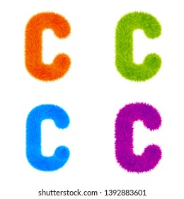 Set of Colourful fur letters C, Letters made of fur and fluffy texture. Furry font for graphic design, vector, EPS10, orange, green, blue, purple.