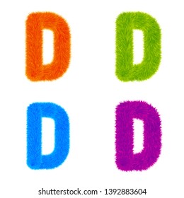 Set of Colourful fur letters D, Letters made of fur and fluffy texture. Furry font for graphic design, vector, EPS10, orange, green, blue, purple.