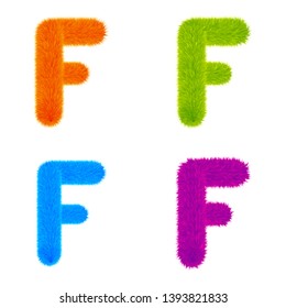 Set of Colourful fur letters F, Letters made of fur and fluffy texture. Furry font for graphic design, vector, EPS10, orange, green, blue, purple