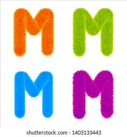 Set of Colourful fur letters M, Letters made of fur and fluffy texture. Furry font for graphic design, vector, EPS10, orange, green, blue, purple