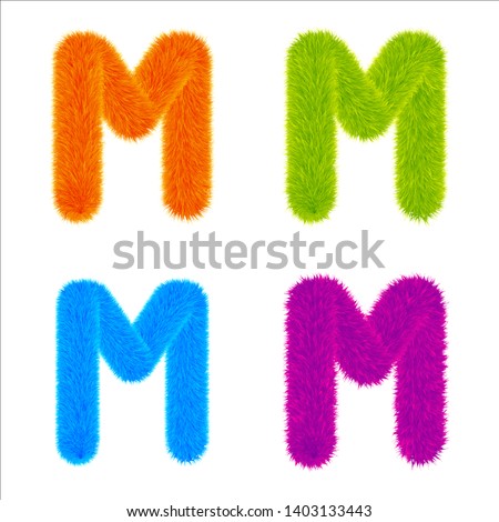 Set of Colourful fur letters M, Letters made of fur and fluffy texture. Furry font for graphic design, vector, EPS10, orange, green, blue, purple