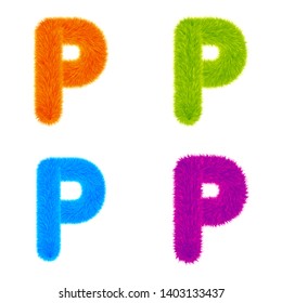 Set of Colourful fur letters P, Letters made of fur and fluffy texture. Furry font for graphic design, vector, EPS10, orange, green, blue, purple