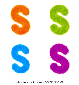 Set of Colourful fur letters S, Letters made of fur and fluffy texture. Furry font for graphic design, vector, EPS10, orange, green, blue, purple