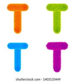 Set of Colourful fur letters T, Letters made of fur and fluffy texture. Furry font for graphic design, vector, EPS10, orange, green, blue, purple