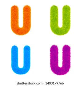 Set of Colourful fur letters U, Letters made of fur and fluffy texture. Furry font for graphic design, vector, EPS10, orange, green, blue, purple