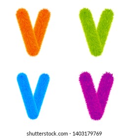 Set of Colourful fur letters V, Letters made of fur and fluffy texture. Furry font for graphic design, vector, EPS10, orange, green, blue, purple