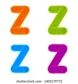 Set of Colourful fur letters Z, Letters made of fur and fluffy texture. Furry font for graphic design, vector, EPS10, orange, green, blue, purple