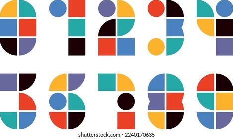 A set of colourful geometric numbers from zero to nine. Retro and Bauhaus style numbers