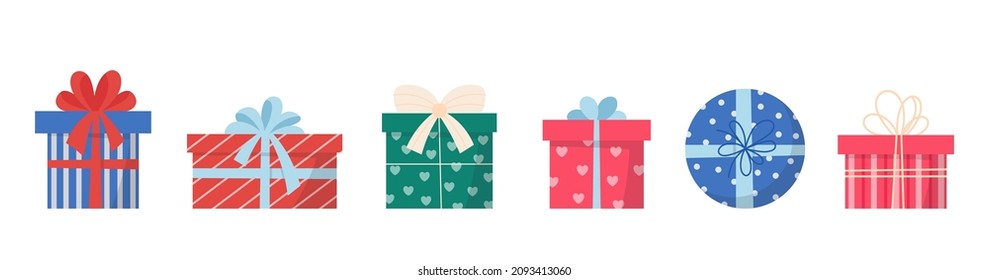 Un conjunto de regalos coloridos, muchas cajas diferentes con arcos y motivos rojos, azules, verdes. Conjunto de ilustraciones aisladas de vectores.