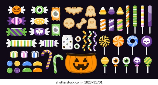 Set of Colourful Halloween Sweets, Collection of Sweets and dessert For Children in Halloween, Vector and Illustration, Candy, Jelly, lollipop.