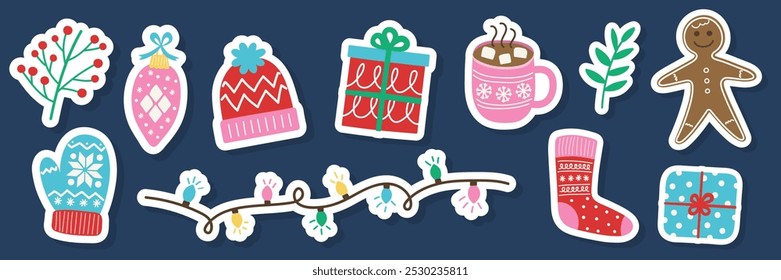 Set with colourful hand drawn Christmas stickers. Christmas tree, ball, present, sock, cookie, cup, hat, sweater, gloves. Vector illustration