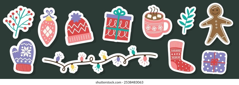 Set with colourful hand drawn Christmas stickers. Christmas tree, ball, present, sock, cookie, cup, hat, sweater, gloves. Vector illustration