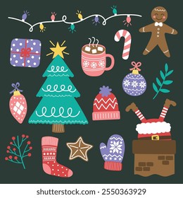 Set with colourful hand drawn Christmas elements. Christmas tree, ball, present, sock, cookie, cup, hat, sweater, gloves. Vector illustration