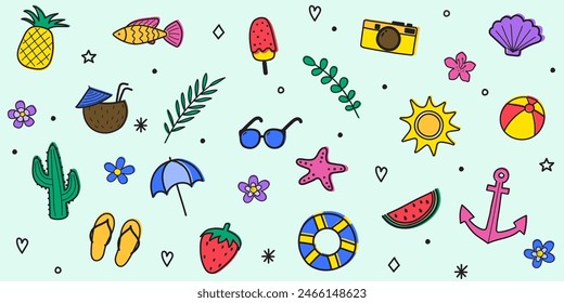 Set with colourful hand drawn summer icons. Holiday elements concept. Vector illustration