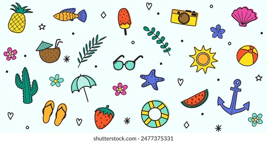 Set with colourful hand drawn summer icons. Holiday elements concept. Vector illustration