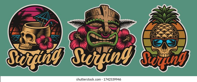 Eine Reihe von farbenfrohen Hawaii Surfbeispielen mit Skullen, Ti Maske. Diese Vektoren sind perfekt für Logos, Hemddrucke und viele andere Anwendungen.