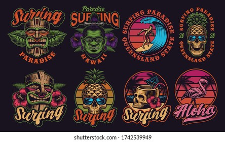 Conjunto de coloridas ilustraciones de surf hawaiano. Estos vectores son perfectos para logotipos, huellas de camisetas y muchos otros usos.